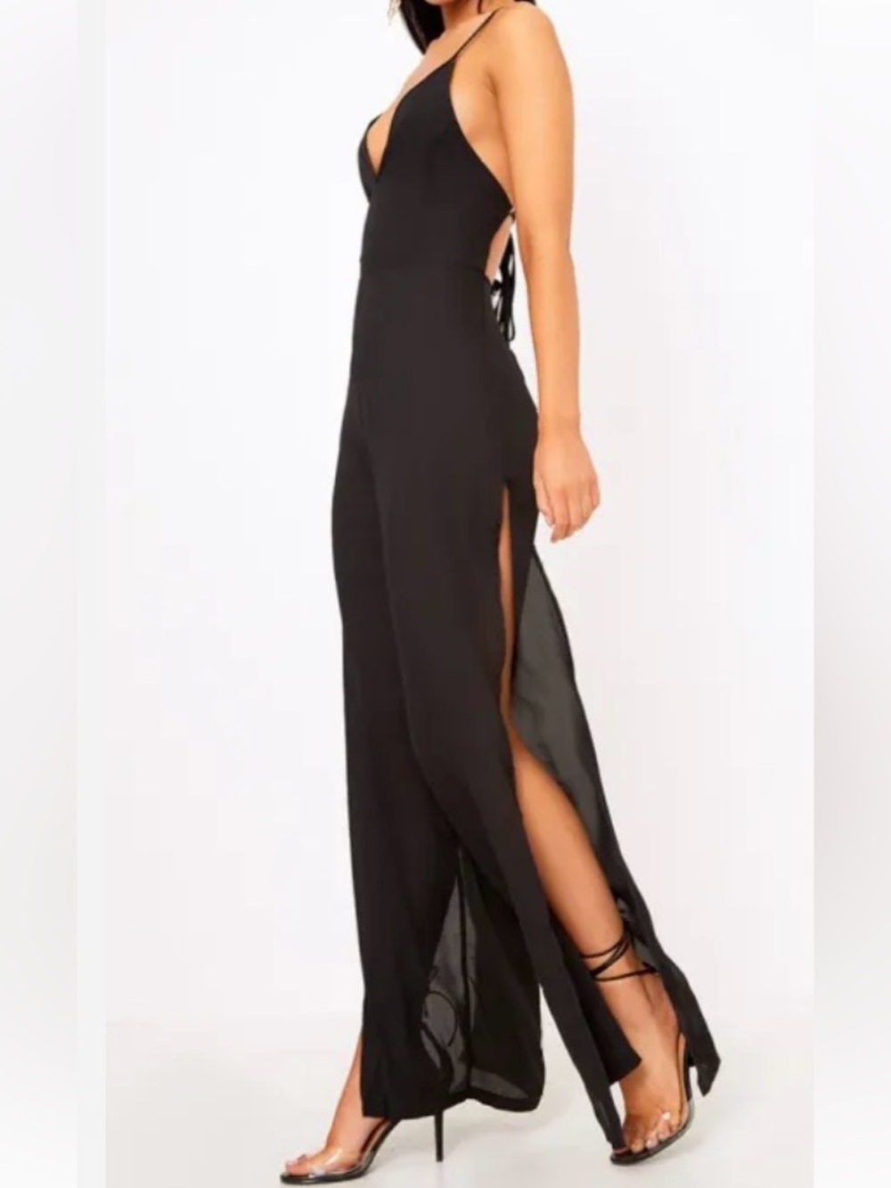 PLT BLACK SLIT SIDE LEG JUMPSUIT